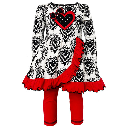Damask Heart Top & Red Leggings Girls Valentine's Day Outfit