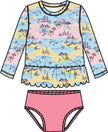 Girls Beach Day Scallop Hem Long Sleeve Rash Guard 2-Piece Swimsuit with Signature Rear Ruffles