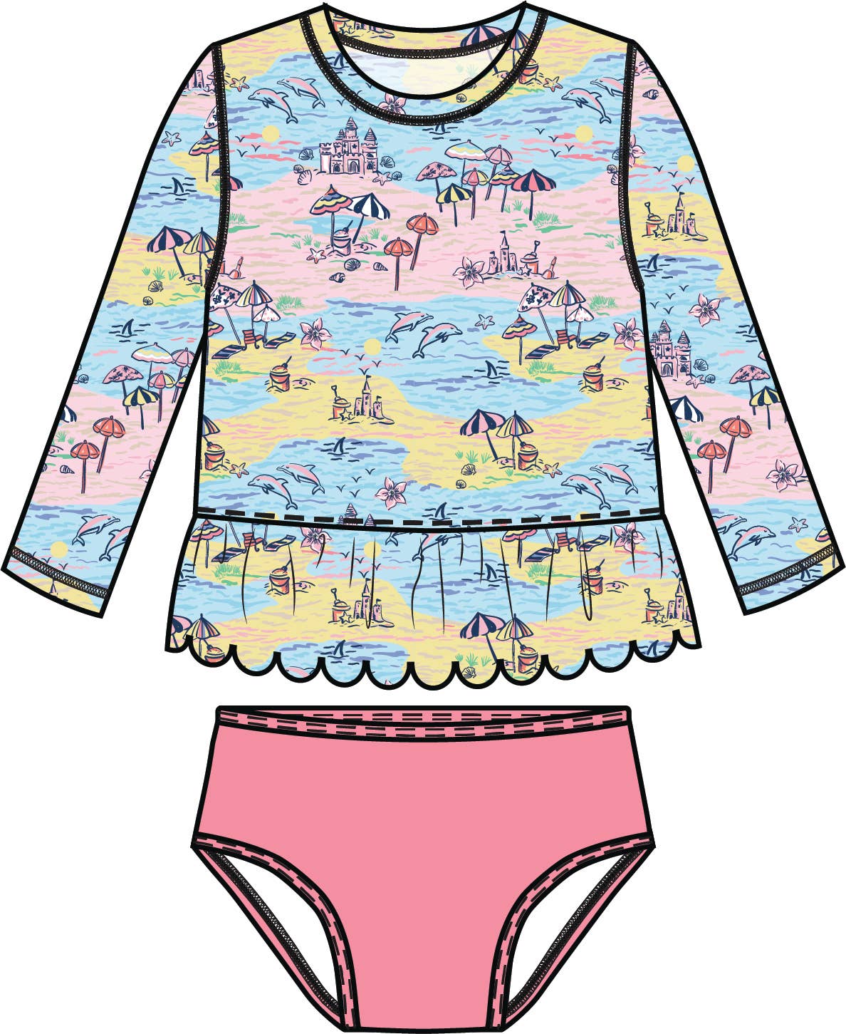 Girls Beach Day Scallop Hem Long Sleeve Rash Guard 2-Piece Swimsuit with Signature Rear Ruffles