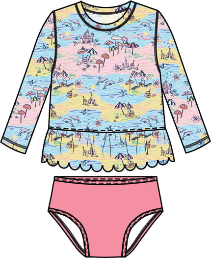 Girls Beach Day Scallop Hem Long Sleeve Rash Guard 2-Piece Swimsuit with Signature Rear Ruffles