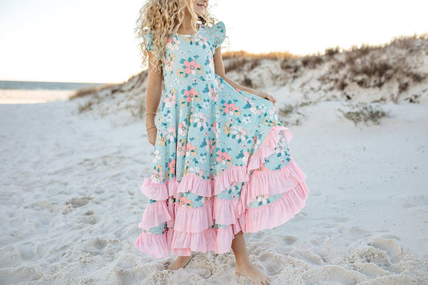 Kids Bella Mint Pastel Floral Flutter Sleeve Ruffles Dress