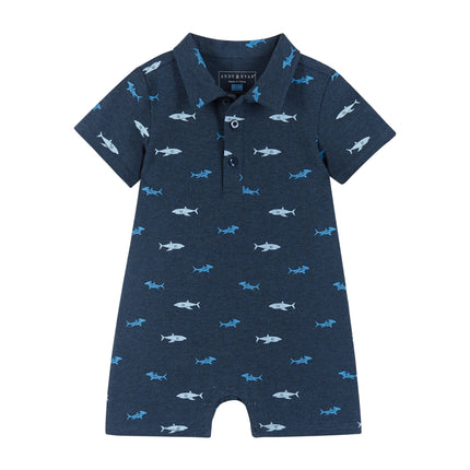 Boys Baby Navy Shark Polo Romper