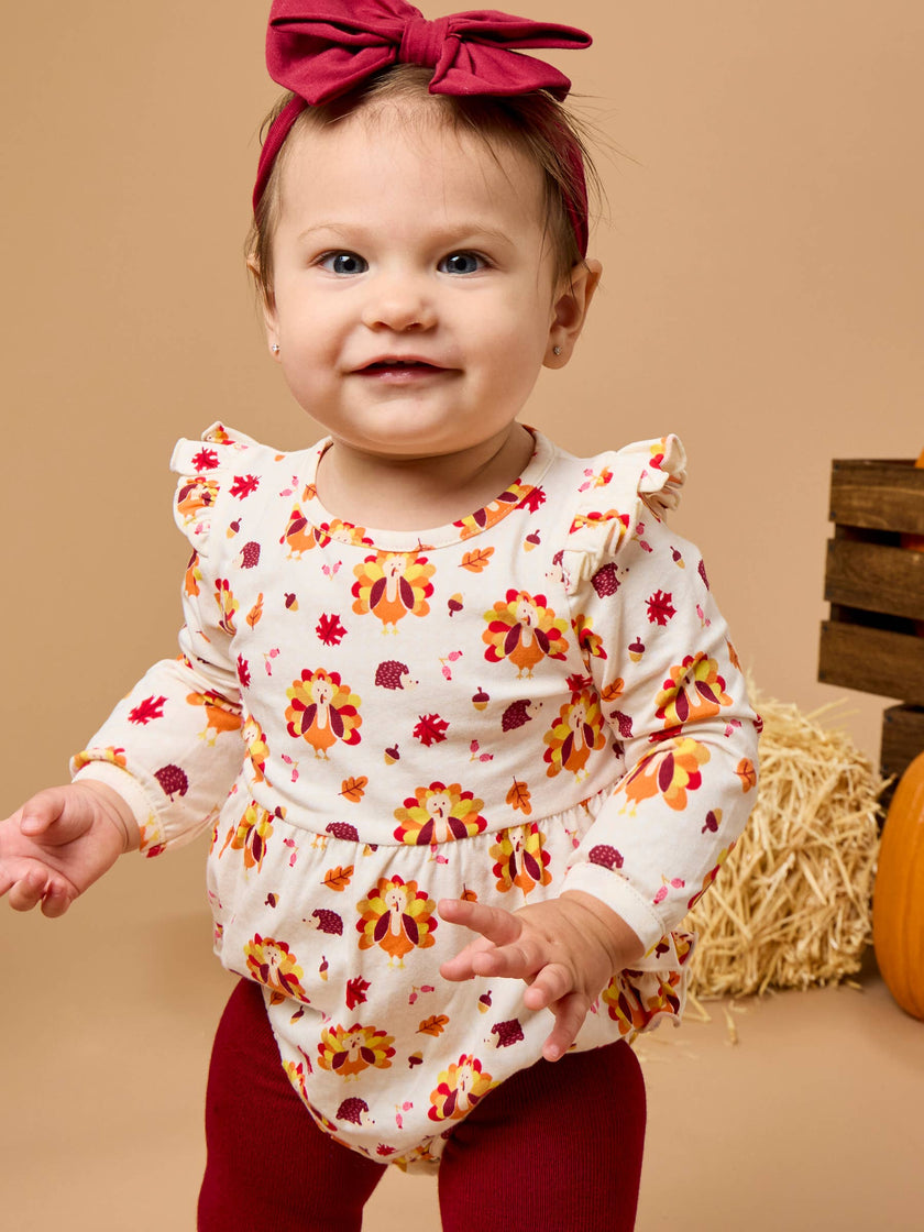 Baby Girls Thanksgiving Turkey Gobble Knit Long Sleeve Flutter Bubble Romper