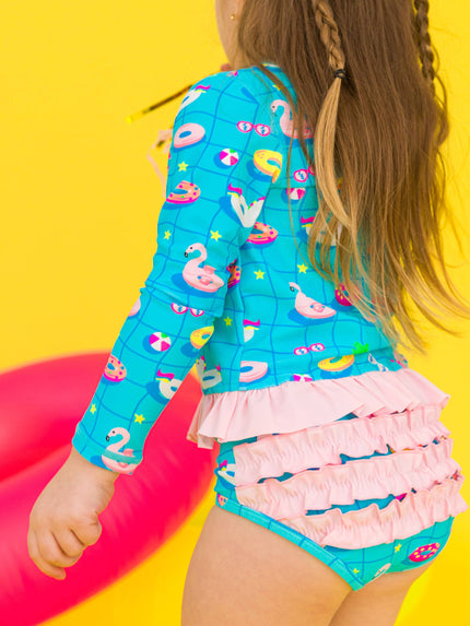 Neon Pool Party Long Sleeve One Piece Rash Guard Swim Suit