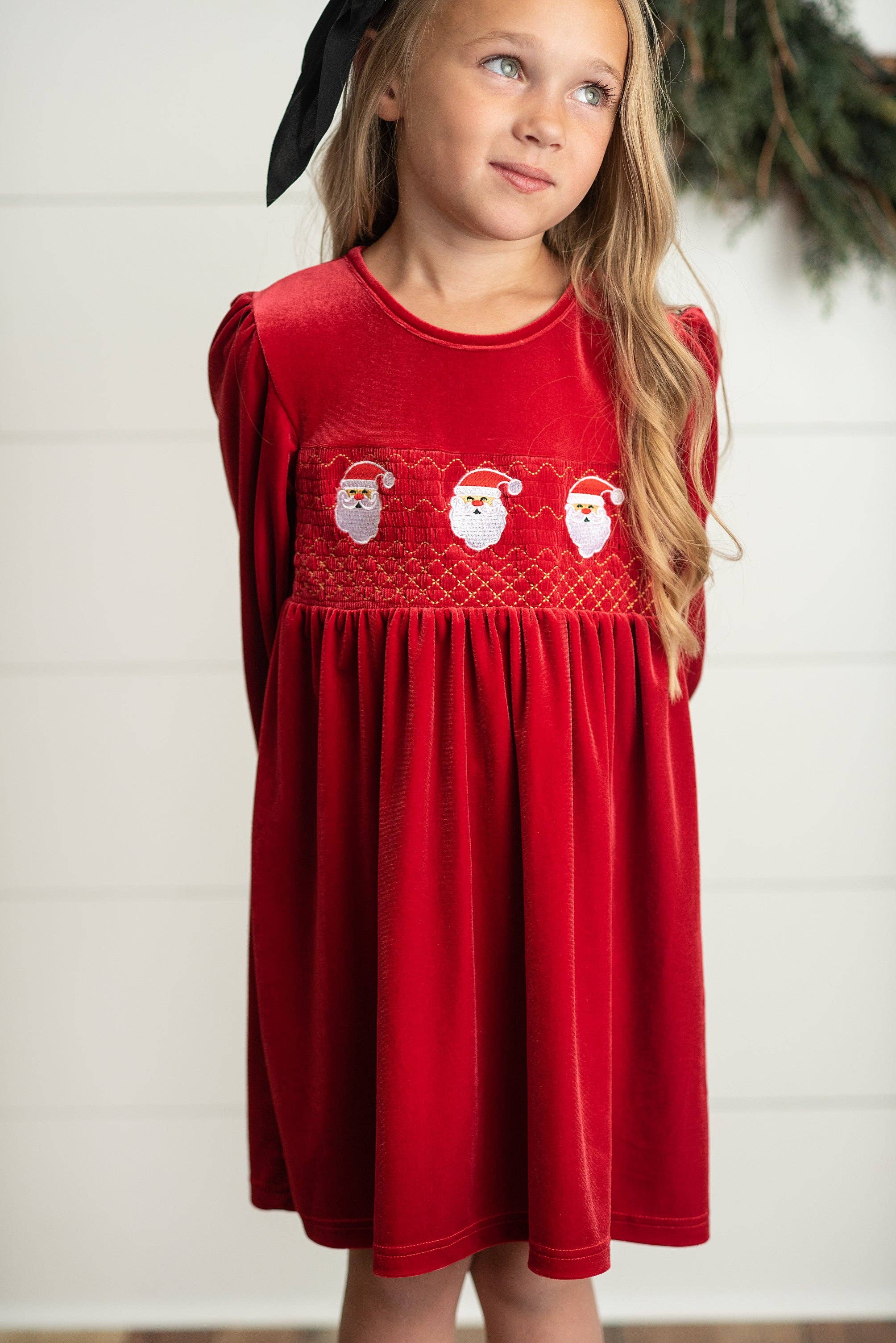 Kids Embroidered Santa Smocked Velvet Holiday Dress