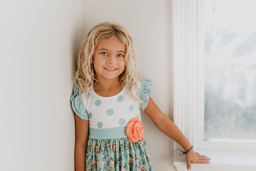 Kids Sage & Dusty Blue Floral Rosette Easter Twirl Dress