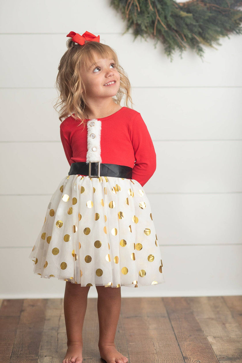Kids Santa Bow Gold Dot Tulle Christmas Holiday Dress