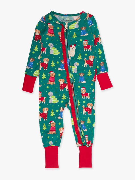 Baby Girls Paw-liday Pals Christmas Dogs Bamboo Viscose Convertible Ruffle One Piece Footie Pajama