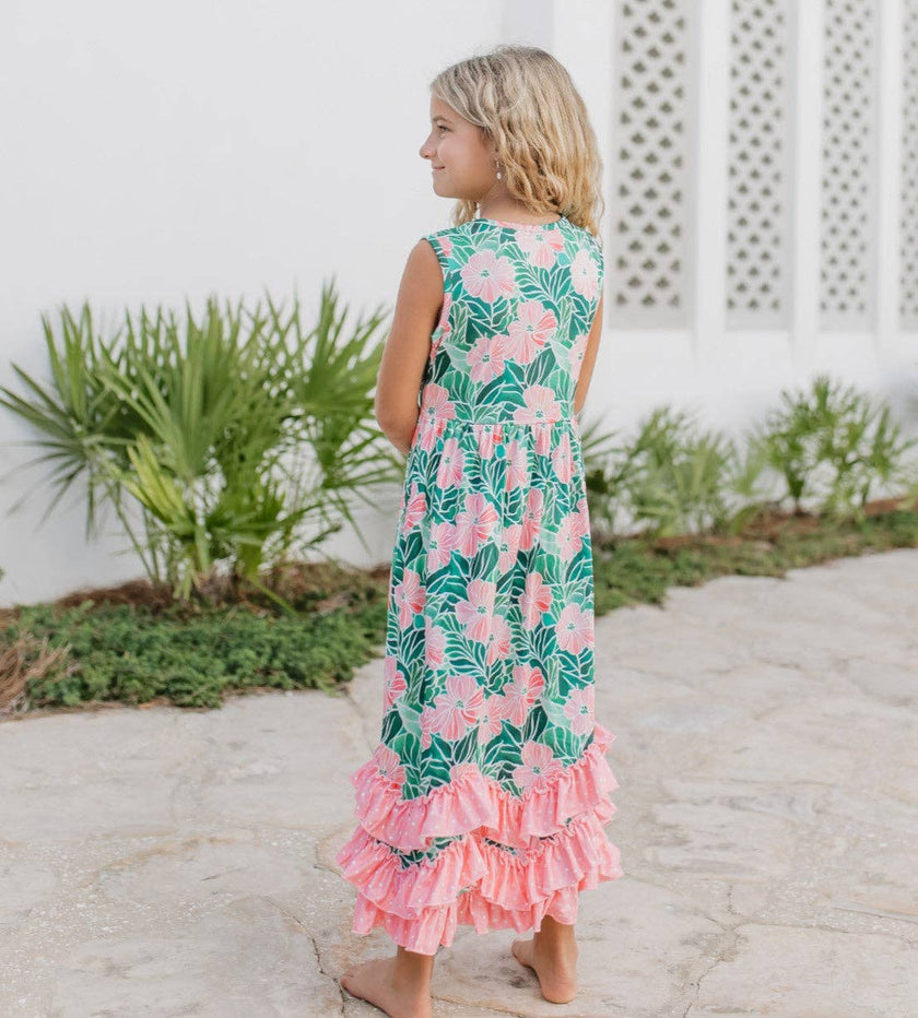3 Tiered Pink Green Tropical Spring Ruffles Dress