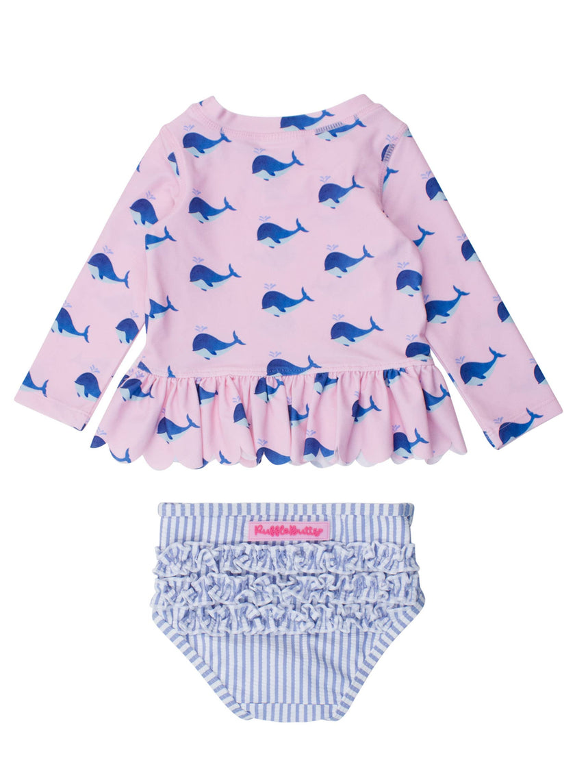 Pink Whale Friends Scalloped Long Sleeve Rash Guard 2-Piece
