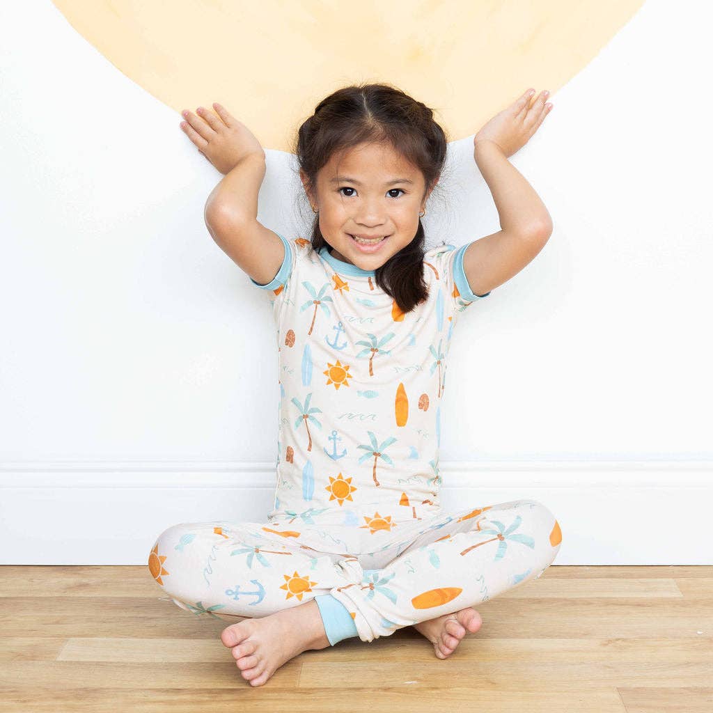 Chasing Waves Surfboard Two-Piece Bamboo Short Sleeve Kids Pajama Pants Set