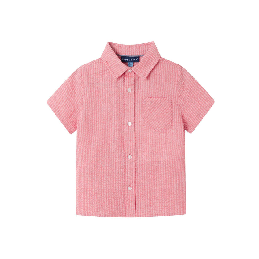 Kids Short Sleeve Buttondown & Short Set | Coral Seersucker