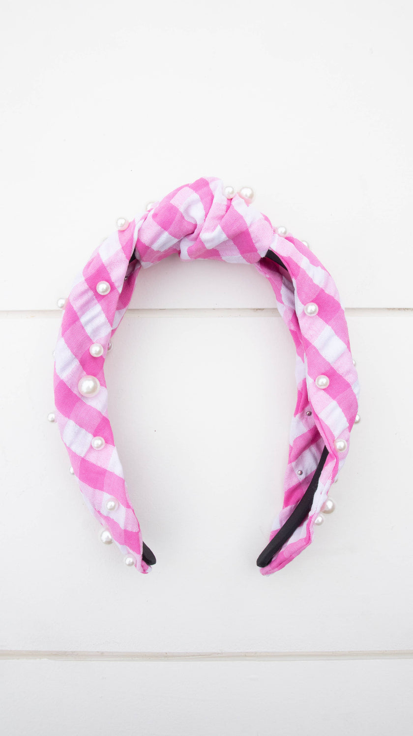 Pink Gingham Pearl Headband