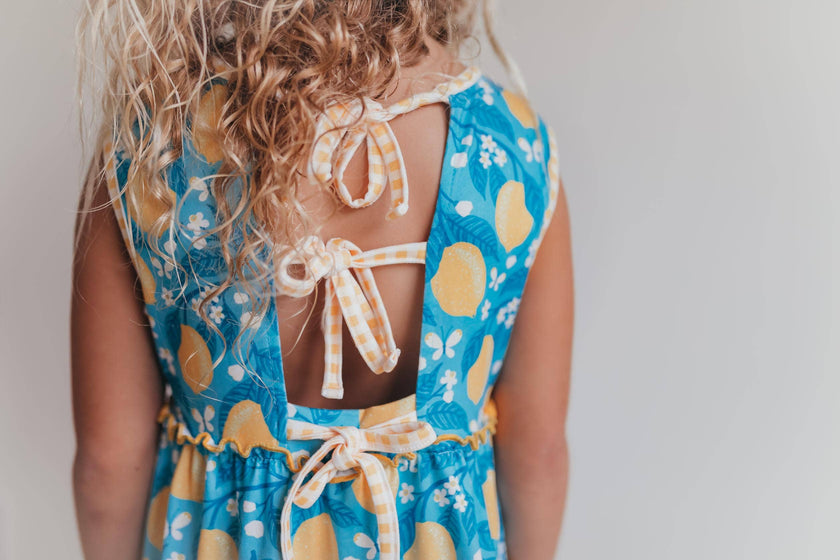 Kids Teal Lemon Pocket Bow Spring Easter Ruffle Dress