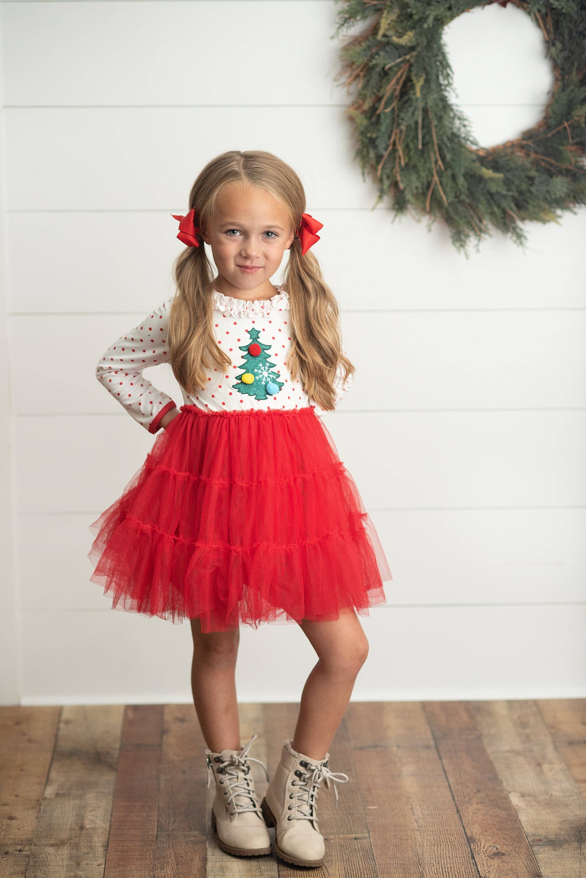 Kids Red & White Dot Pom Pom Christmas Tree Tulle Dress Little-Minnows Kids Red & White Dot Pom Pom Christmas Tree Tulle Dress Little-Minnows