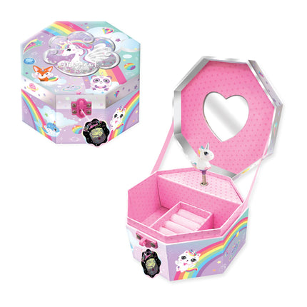 This trendy jewelry box features a wind-up music box and dancing figurine. Contains: 1 Musical Glow in the Dark Jewelry Box