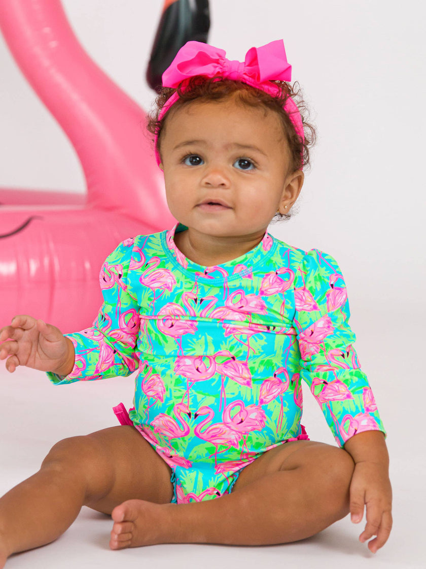 Baby Girls Neon Flamingo Fun Long Sleeve One Piece Rash Guard Swimsuit