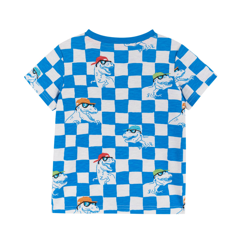 Boys Toddler Short Sleeve Blue Check Dino Printed Tee