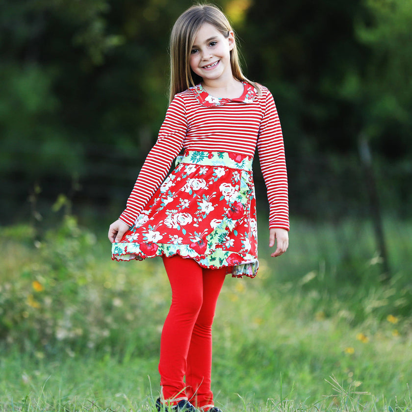 Girls Red Floral Stripes Christmas Dress & Leggings