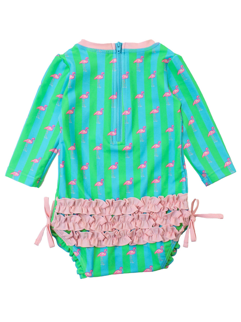 Neon Flamingo Stripe Long Sleeve One Piece Rash Guard