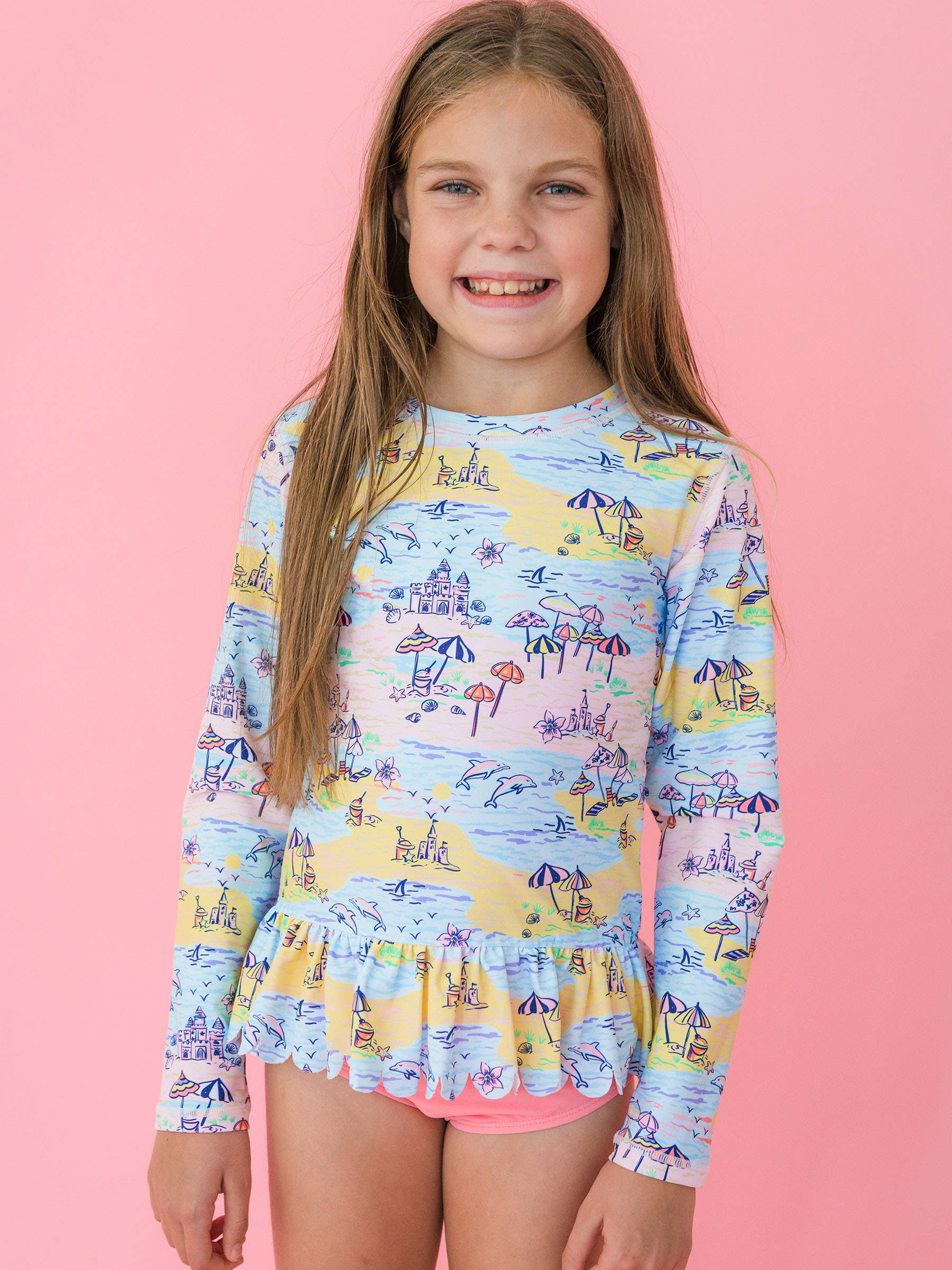 Tween Girls Beach Day Scallop Hem Long Sleeve Rash Guard 2-Piece Swimsuit