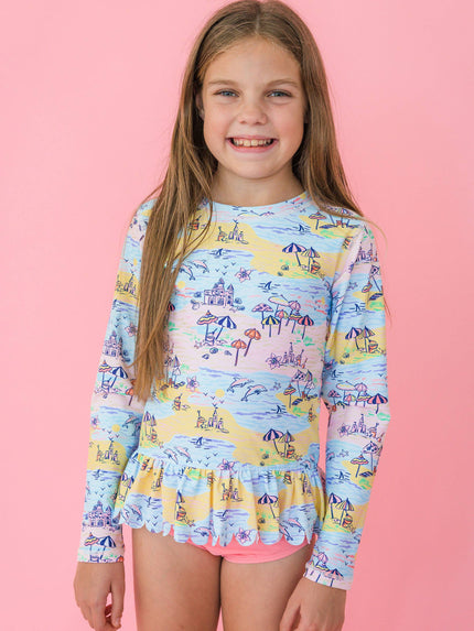 Tween Girls Beach Day Scallop Hem Long Sleeve Rash Guard 2-Piece Swimsuit