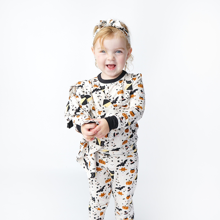 Spooky Cute Halloween Beige Bamboo LS Kids Pajama Set