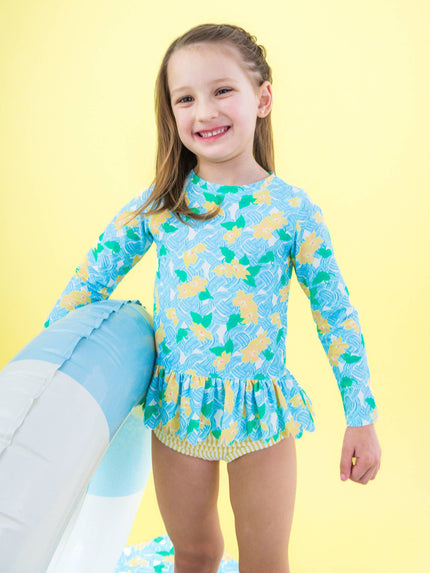 Girls Blooming Basket Scallop Hem Long Sleeve Rash Guard 2-Piece Swimsuit with Signature Rear Ruffles