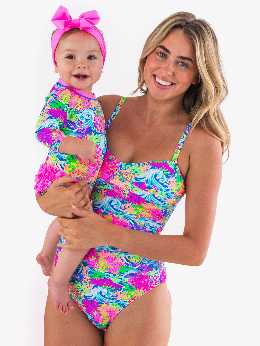 Baby Girls Neon Ocean Coral Long Sleeve One Piece Rash Guard Swimsuit with Signature Rear Ruffles