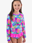 Girls Neon Ocean Coral Long Sleeve Rash Guard 2-Piece Swimsuit