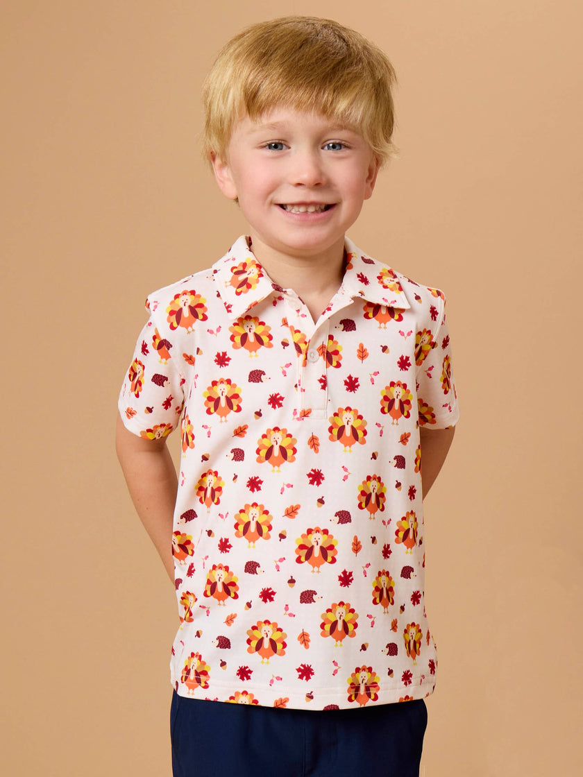 Boys Thanksgiving Turkey Gobble Knit Short Sleeve Performance Polo