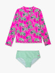 Tween Girls Neon Palm Paradise Long Sleeve Zipper Rash Guard 2-Piece Swimsuit