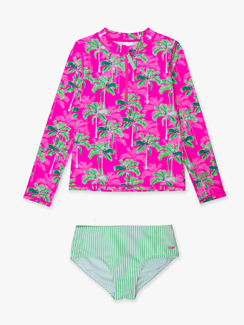 Tween Girls Neon Palm Paradise Long Sleeve Zipper Rash Guard 2-Piece Swimsuit