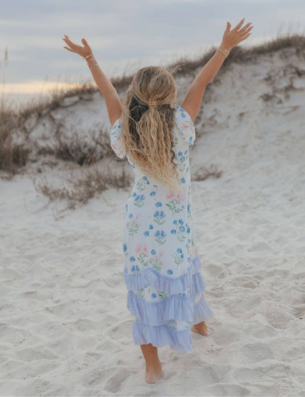 Kids Bella Dainty Blue Floral Flutter Sleeve Ruffles Dress