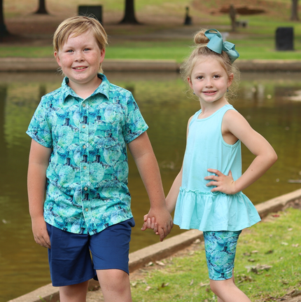 Boys Turquoise Green Tie-Dye Turtle Short-Sleeve Button-Up