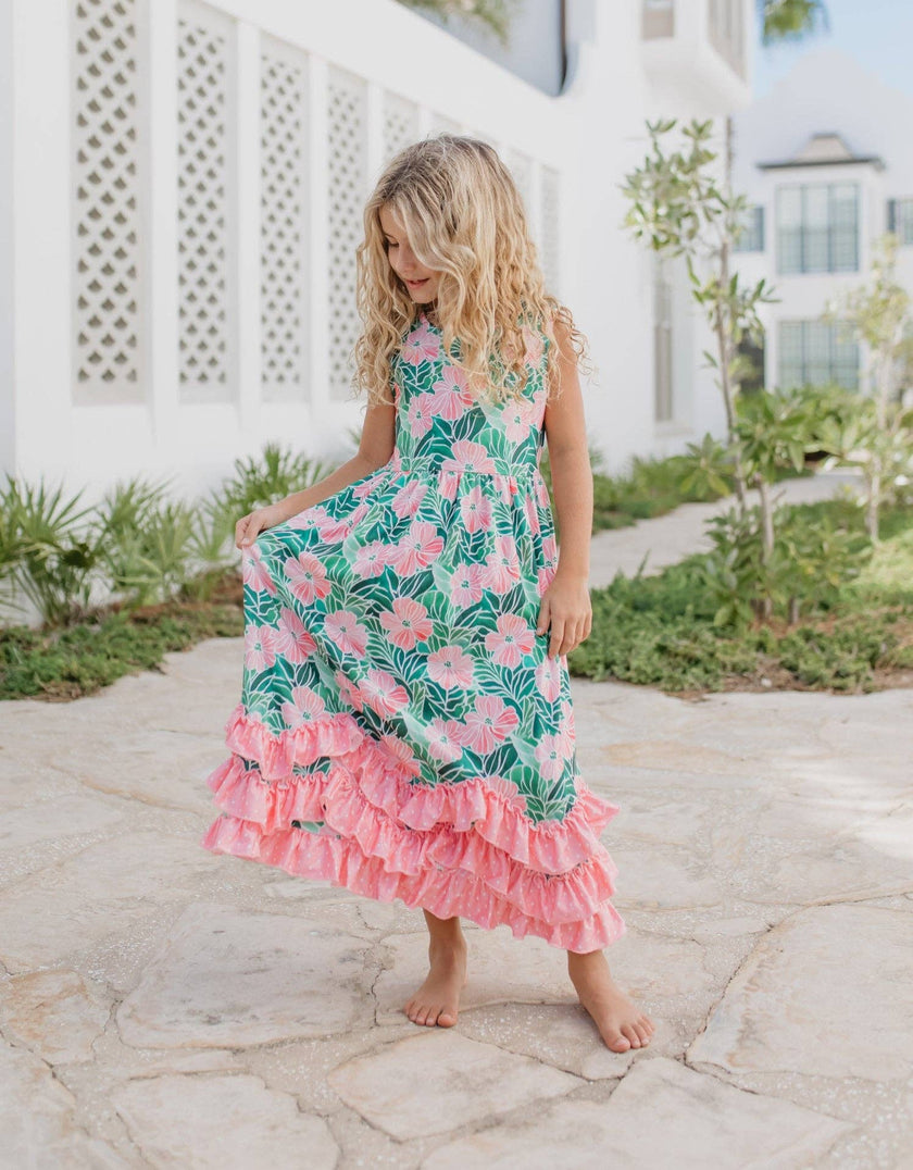 3 Tiered Pink Green Tropical Spring Ruffles Dress