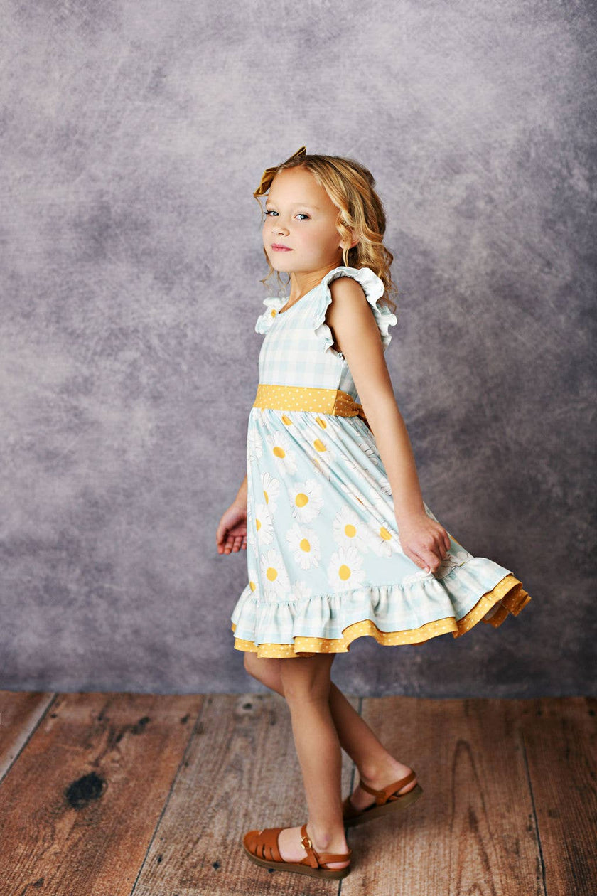 Kids Gingham Check Daisy Ruffle Twirl Spring Easter Dress