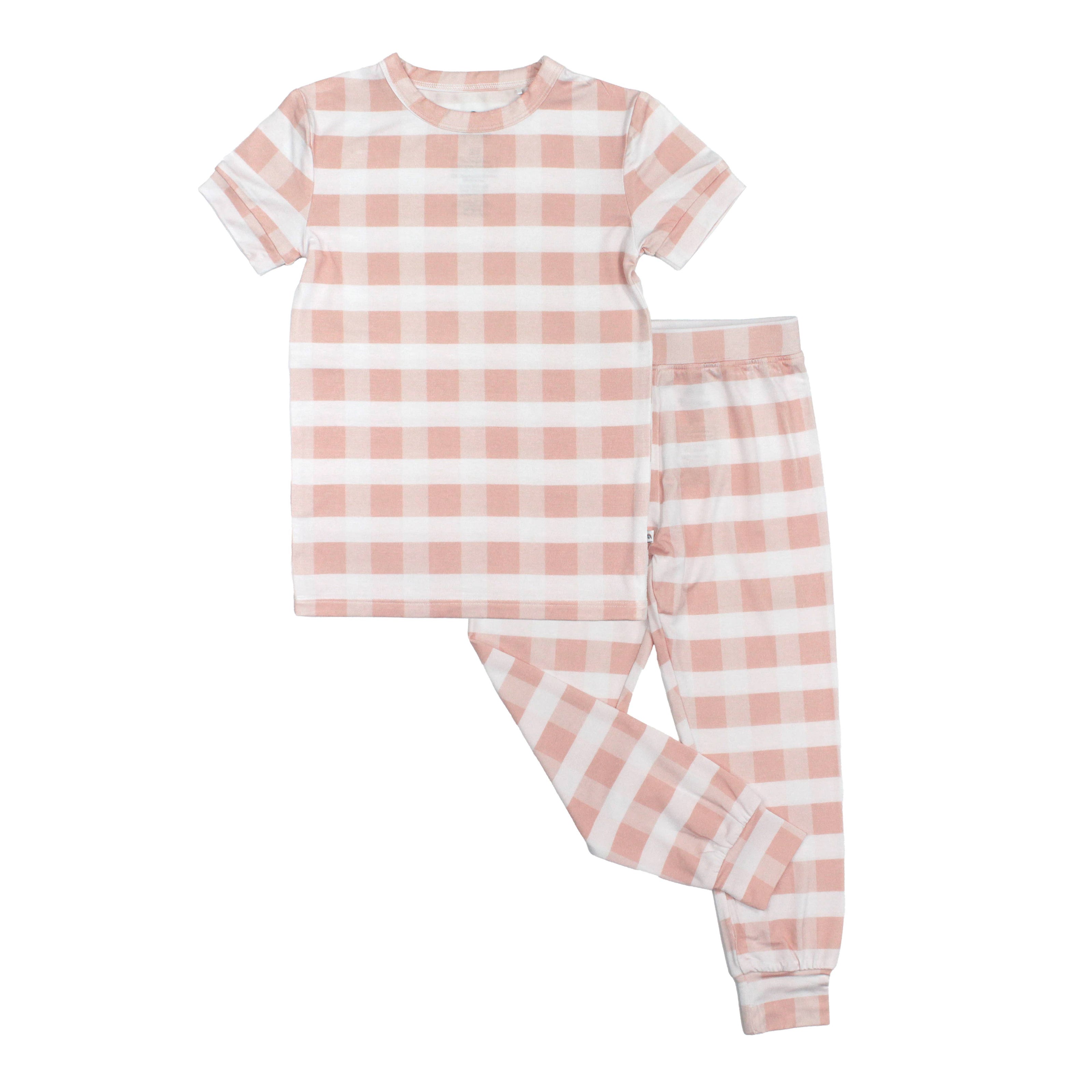 Pink Gingham Two-Piece Bamboo Short Sleeve Pajama Kids Pants Set