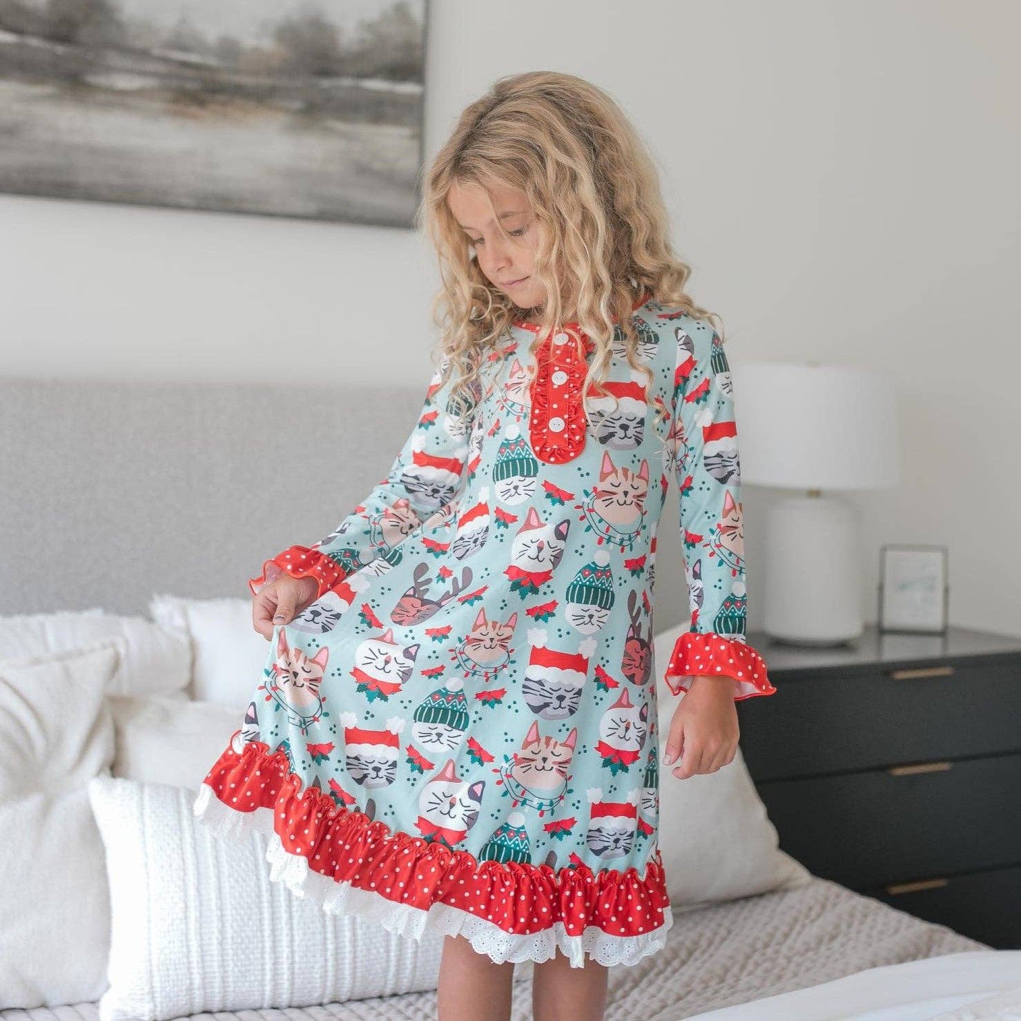 Kids Christmas Holiday Cat Ruffle Lounge Play Gown