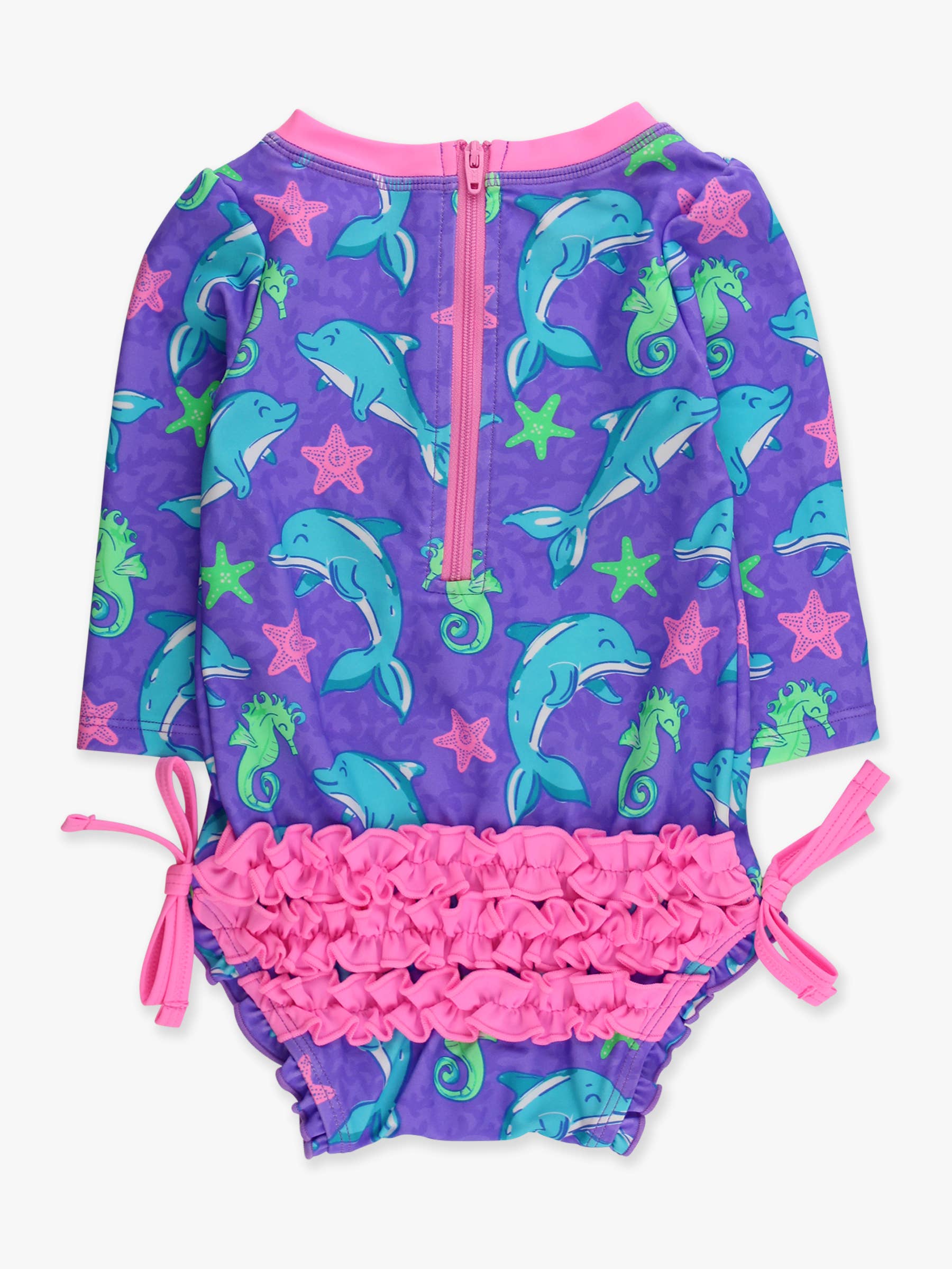 Baby Girls Neon Fin Friends Long Sleeve One Piece Rash Guard Swimsuit with Signature Rear Ruffles