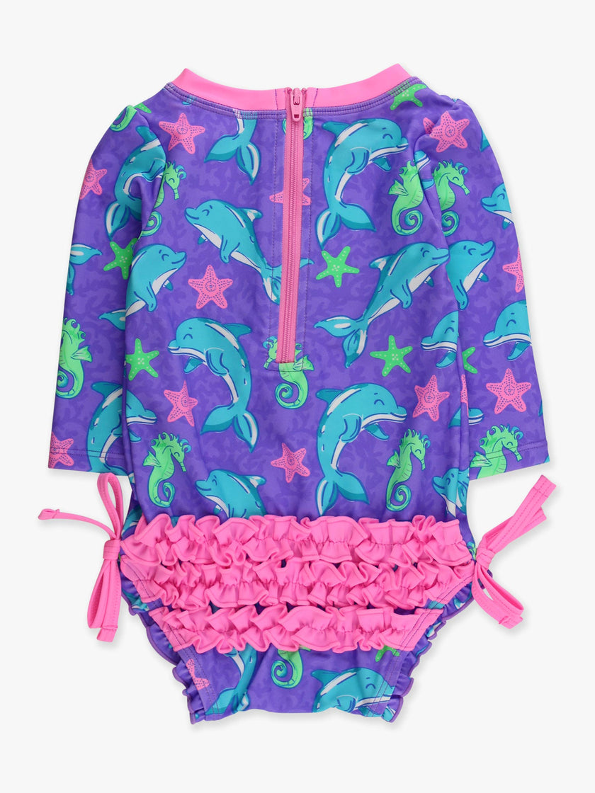 Baby Girls Neon Fin Friends Long Sleeve One Piece Rash Guard Swimsuit with Signature Rear Ruffles