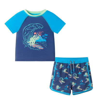 Boys Short Sleeve Rashguard Set | Navy Dino