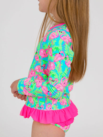 Girls Neon Flamingo Fun Long Sleeve Rash Guard 2-Piece Swimsuit with Signature Rear Ruffles