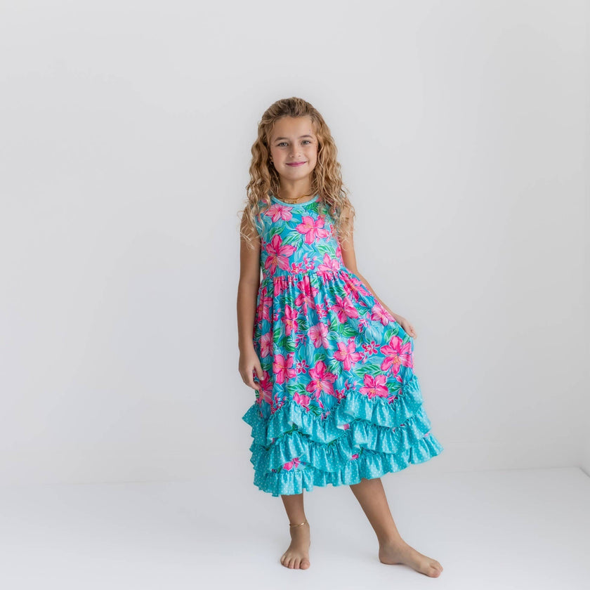 Pink Blue Tropical 3 Ruffle Spring Summer Easter Dress
