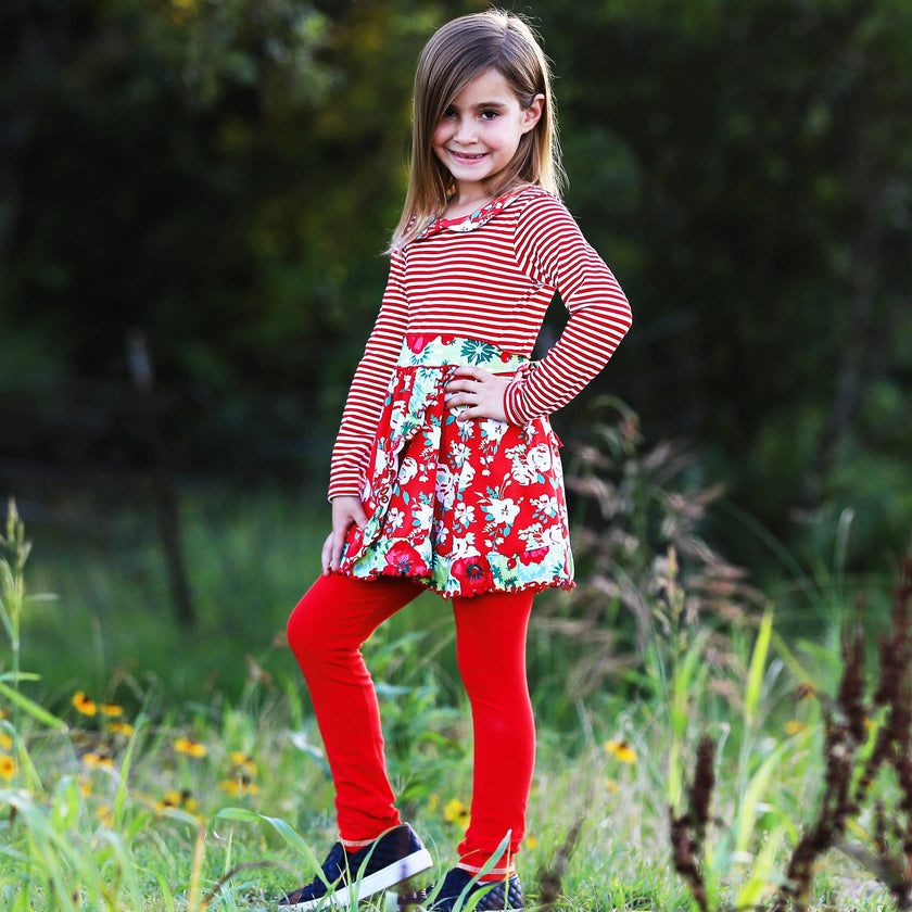 Girls Red Floral Stripes Christmas Dress & Leggings