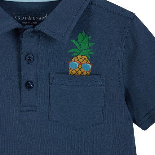 Boys Toddler Navy Pineapple Playful Pocket Polo Shirt