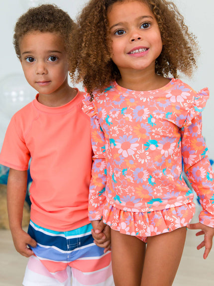 Girls Coral Floral Flutter Long Sleeve Rash Guard Skirted 2-Piece Swimsuit