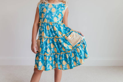 Kids Teal Lemon Pocket Bow Spring Easter Ruffle Dress