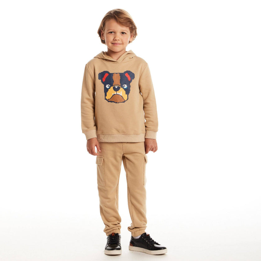Kids Hooded Patch Sweatshirt & Pant Set | Beige Bulldog
