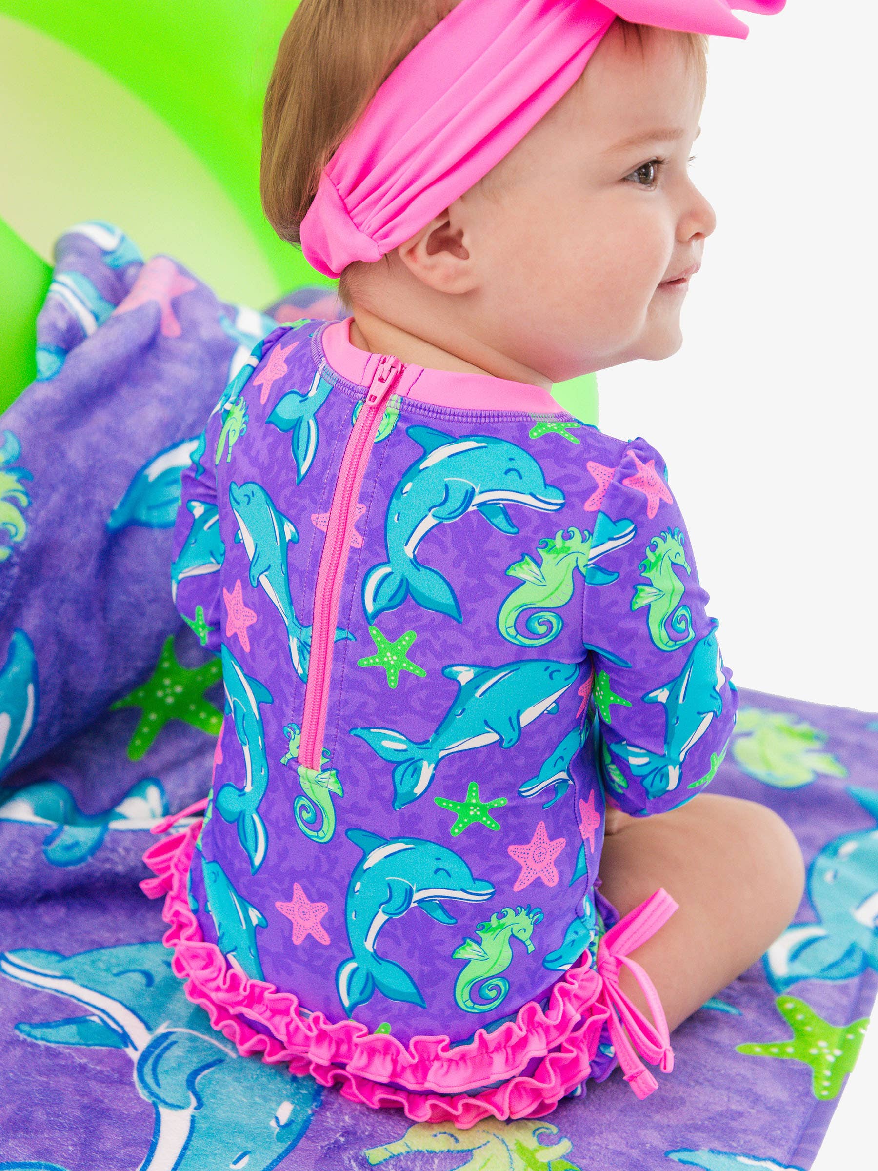 Baby Girls Neon Fin Friends Long Sleeve One Piece Rash Guard Swimsuit with Signature Rear Ruffles